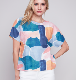 Charlie B Blue/Pink Multi Printed Linen Round Neck Boxy Top