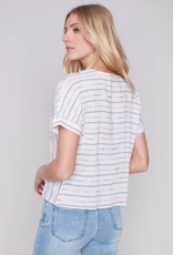 Charlie B Ivory Yarn Dyed Embroidered Stripe Linen Round Neck Boxy Top w/Pockets