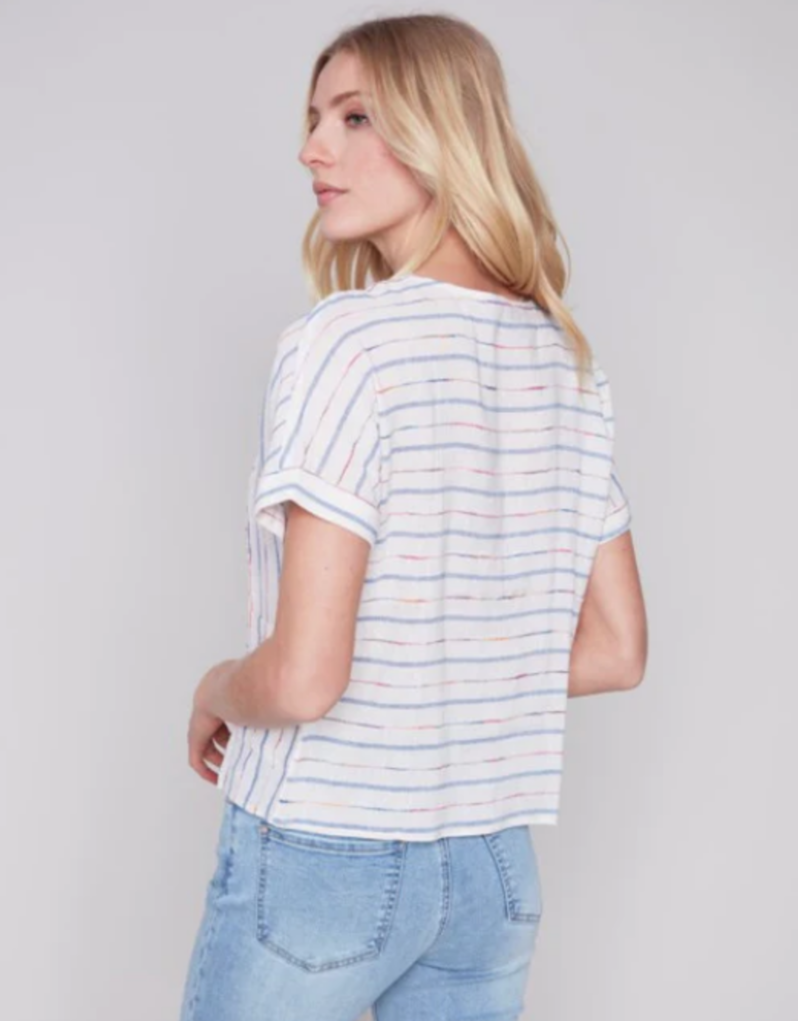 Charlie B Ivory Yarn Dyed Embroidered Stripe Linen Round Neck Boxy Top w/Pockets