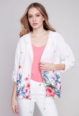 Charlie B White Maui Floral Print Linen Long Roll Sleeve Hooded Cardigan Duster