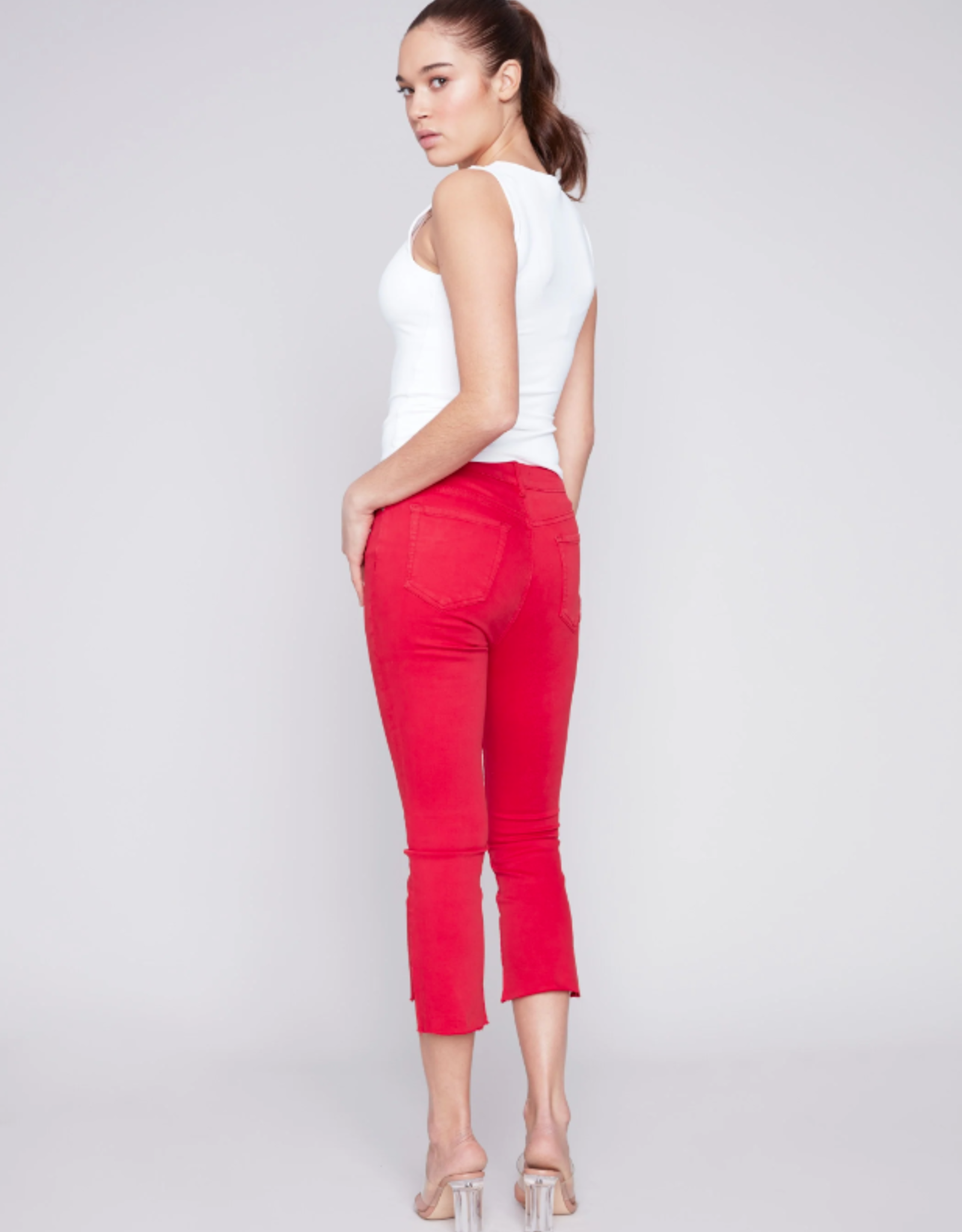 Charlie B Cherry Red Cropped Bootcut Twill Pants w/Asymmetrical Hem