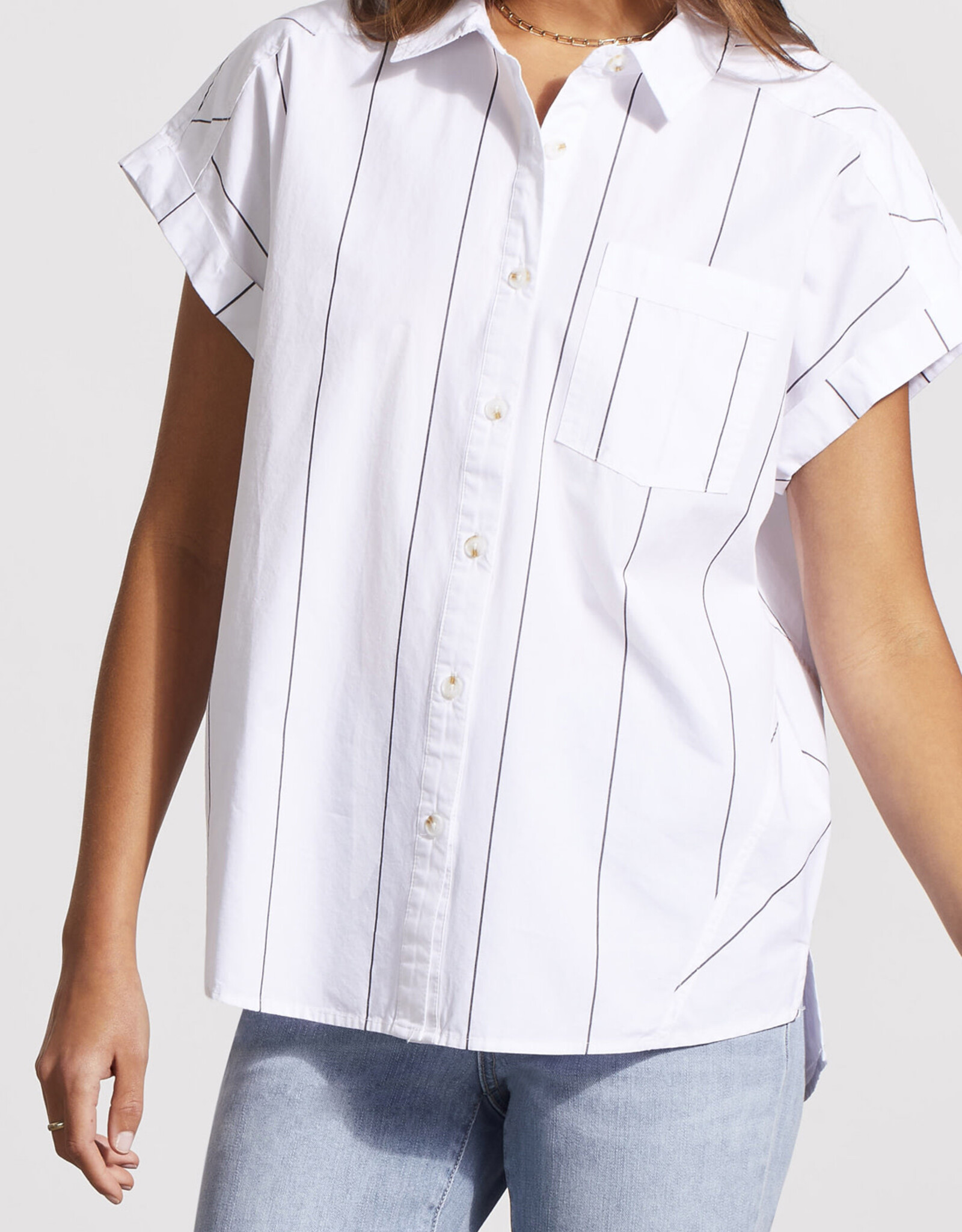 Tribal White Pin Stripe Collar Button Up Top w/Cap Sleeves