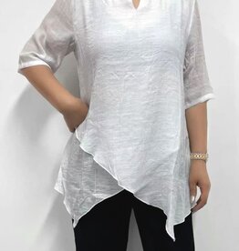 - White Gauzy Split V-Neck  Short Sleeve Front Overlay Top