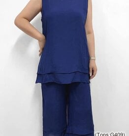 - Navy Gauzy Round Neck Sleeveless Top Lined w/Shorter Overlay