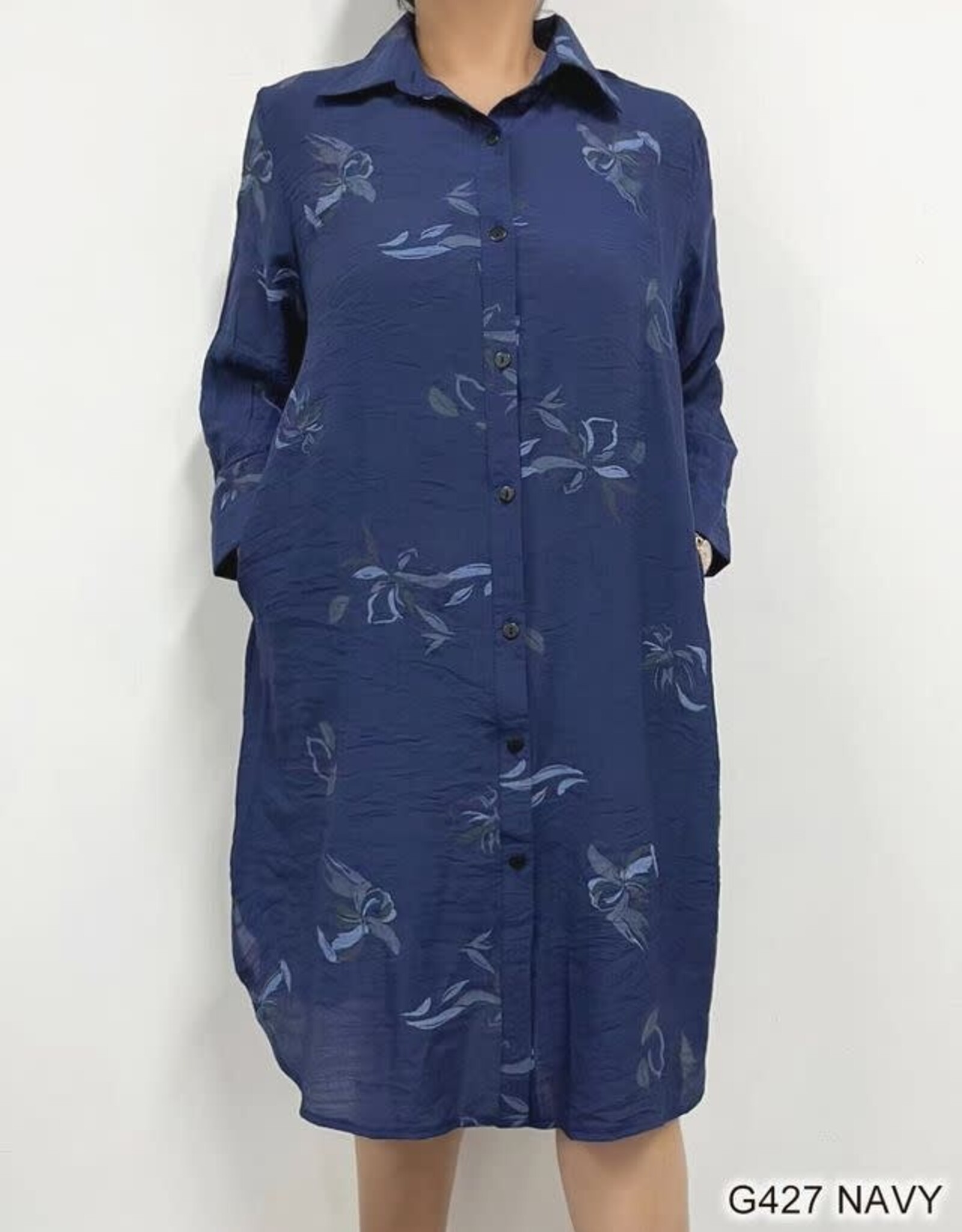 - Navy w/Grey Abstract Floral Print Button Up 3/4 Sleeve Shirt-Dress