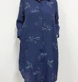 - Navy w/Grey Abstract Floral Print Button Up 3/4 Sleeve Shirt-Dress