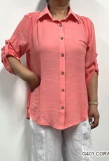 - Coral Gauzy Collard Button-Up 3/4 Roll-Up Sleeve Top