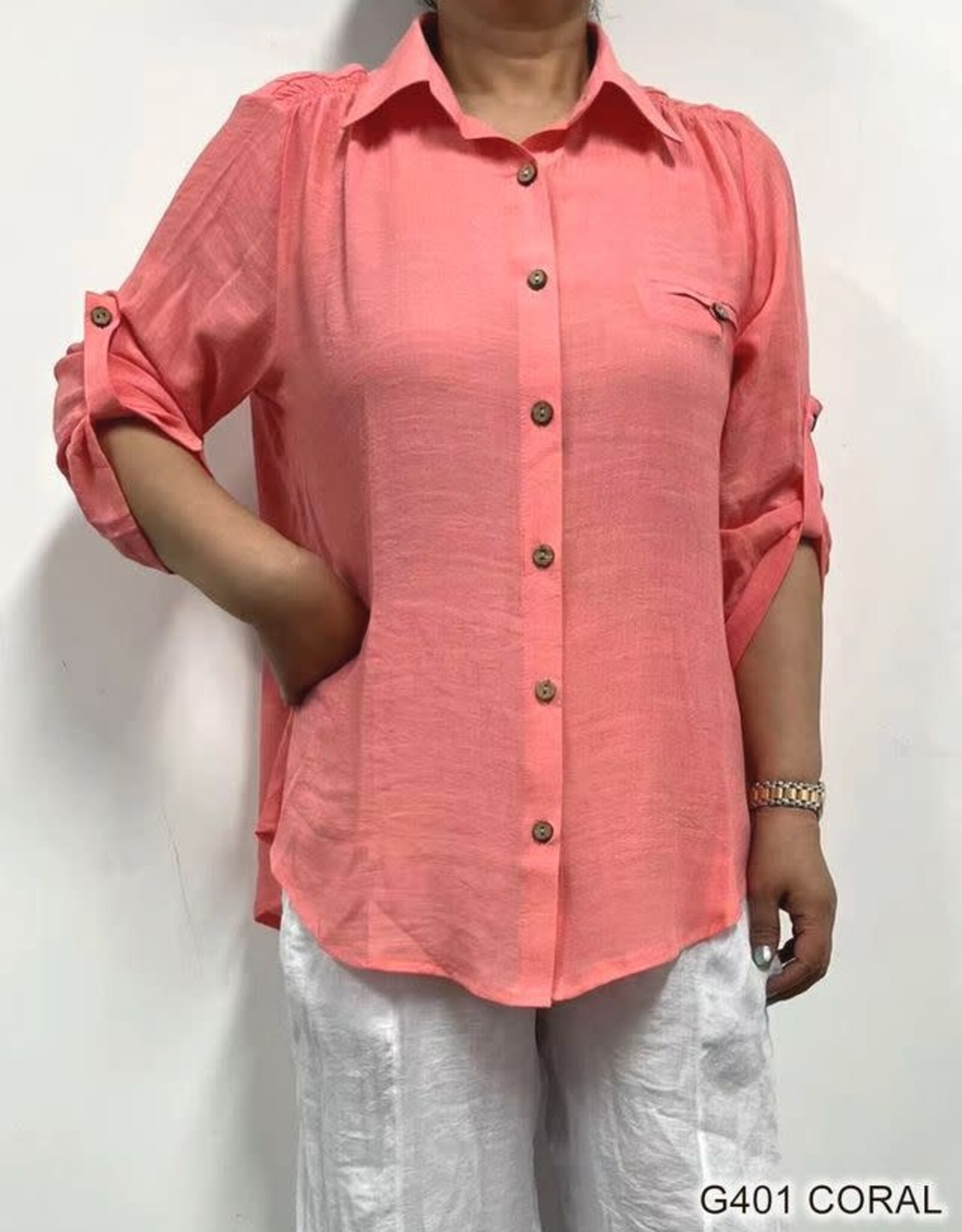 - Coral Gauzy Collard Button-Up 3/4 Roll-Up Sleeve Top