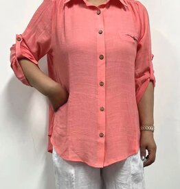 - Coral Gauzy Collard Button-Up 3/4 Roll-Up Sleeve Top