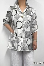 - White /Black Abstract Print Collard Button-Up 3/4 Roll-Up Sleeve Top w/Pockets