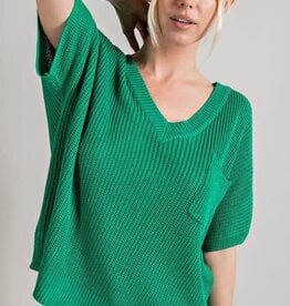 - Kelly Green V-Neck Ribbed Short Sleeve Chest Pocket Sweater