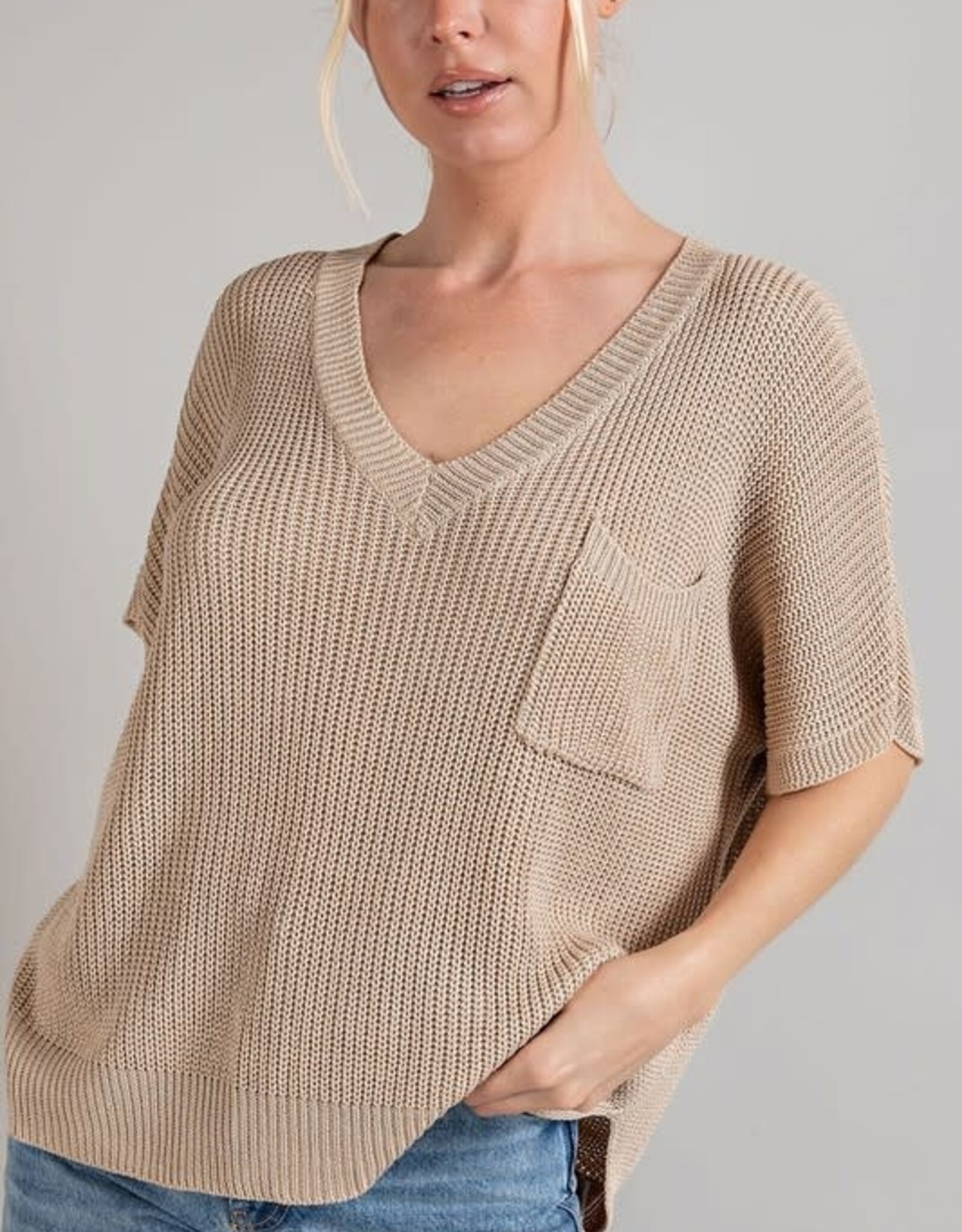 - Oatmeal V-Neck Ribbed Short Sleeve Chest Pocket Sweater