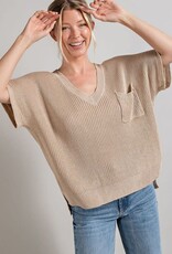 - Oatmeal V-Neck Ribbed Short Sleeve Chest Pocket Sweater