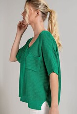 - Kelly Green V-Neck Ribbed Short Sleeve Chest Pocket Sweater