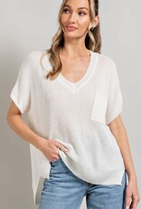 - Off White V-Neck Ribbed Short Sleeve Chest Pocket Sweater