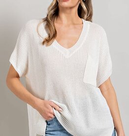 - Off White V-Neck Ribbed Short Sleeve Chest Pocket Sweater