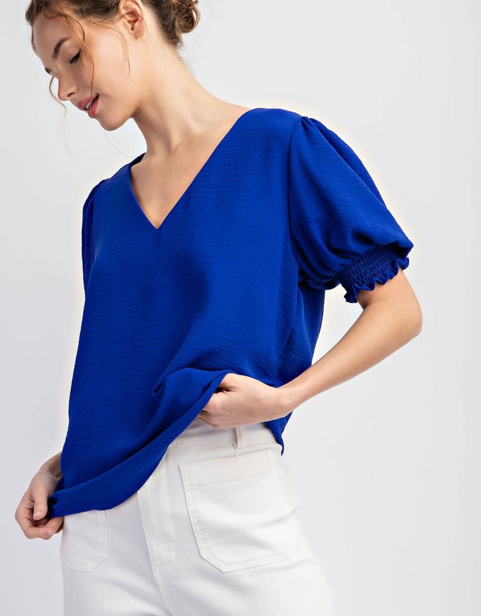 - Royal Blue V-Neck Short Blouson Elastic Sleeve Top