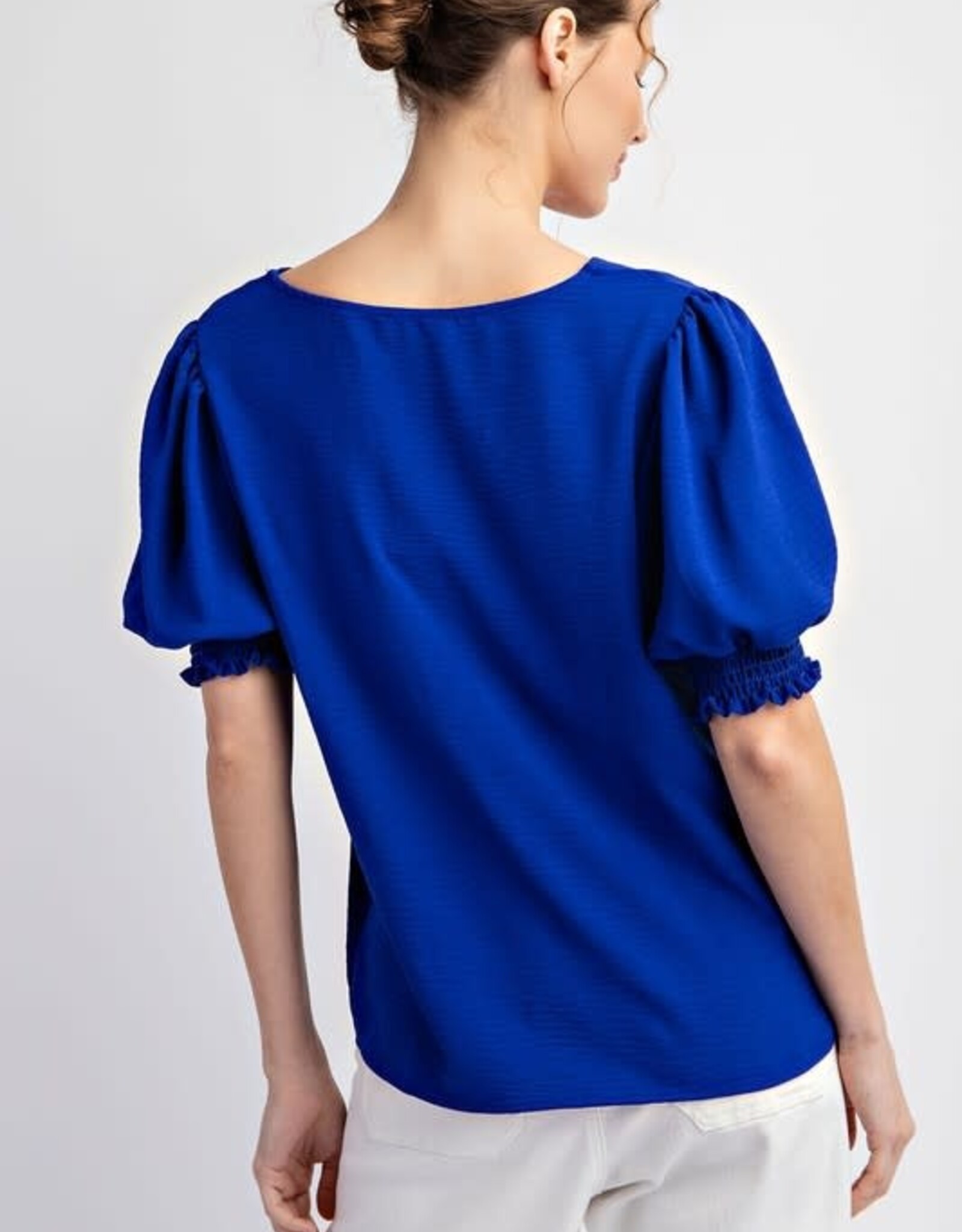 - Royal Blue V-Neck Short Blouson Elastic Sleeve Top