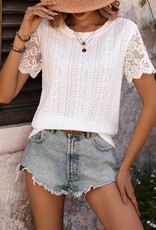 - White Textured Round Neck Short Lace Sleeve Top