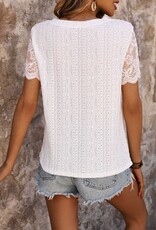 - White Textured Round Neck Short Lace Sleeve Top
