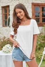 - White Lace Textured Square Neck Short Sleeve Top