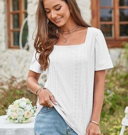 - White Lace Textured Square Neck Short Sleeve Top