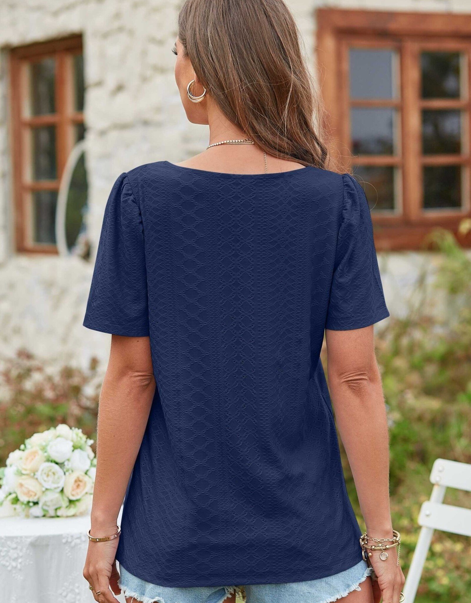 - Navy Blue Lace Textured Square Neck Short Sleeve Top