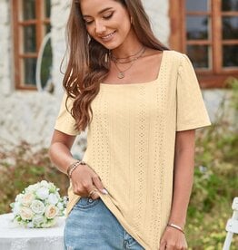 - Yellow Lace Textured Square Neck Short Sleeve Top