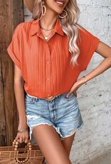 - Orange Textured Button-Up Short Dolman Sleeve Top
