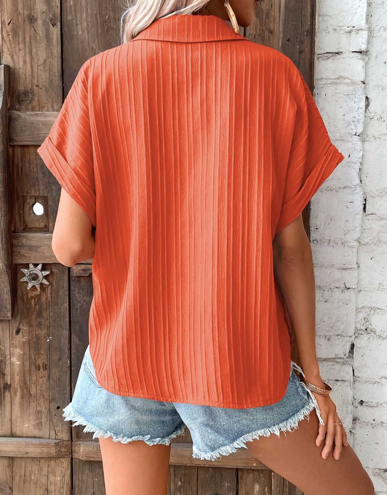 - Orange Textured Button-Up Short Dolman Sleeve Top