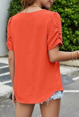 - Orange Textured V Neck Short Puff Sleeve Top