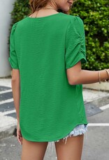 - Green Textured V Neck Short Puff Sleeve Top