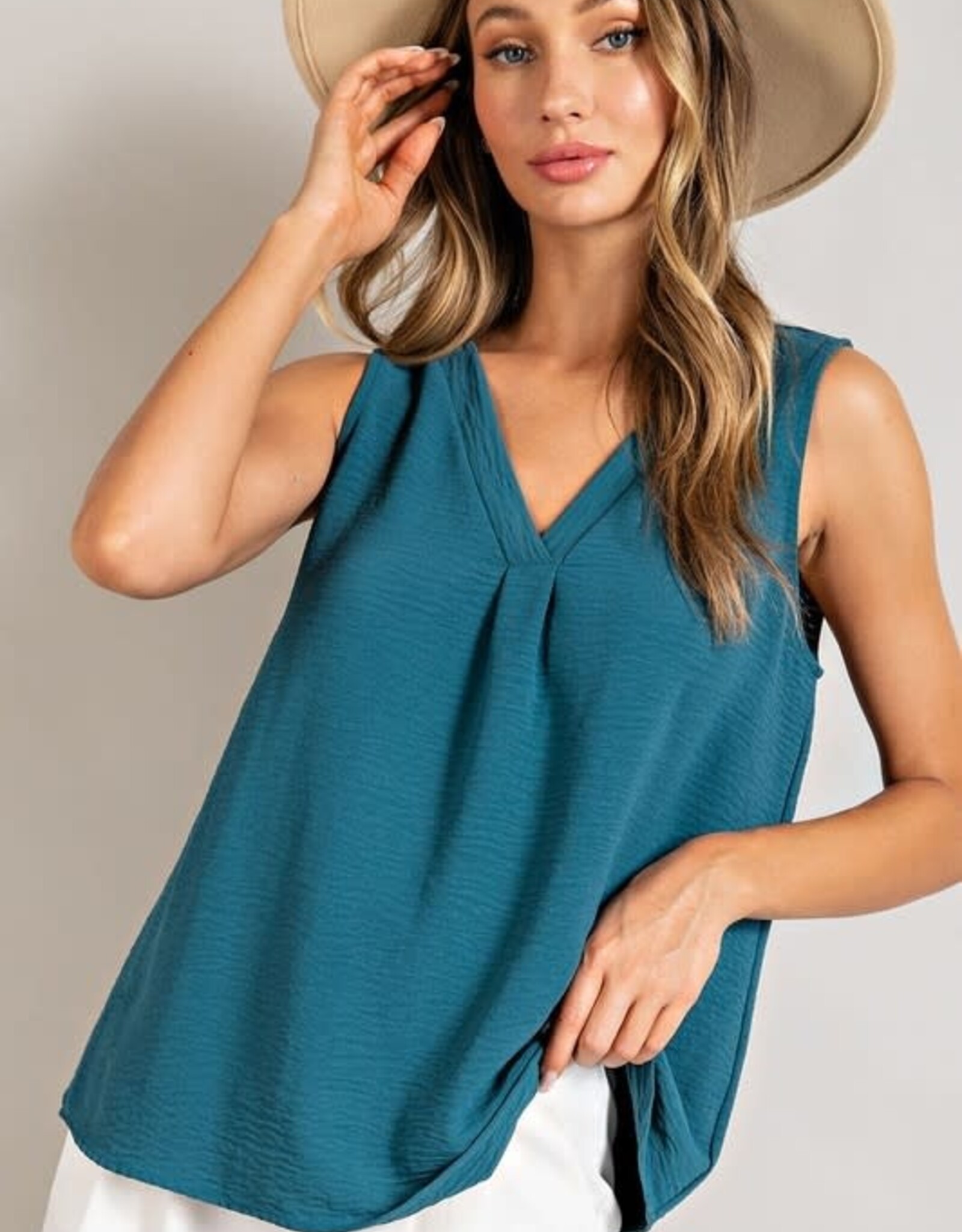 - Teal V-Neck Pleat Sleeveless Top