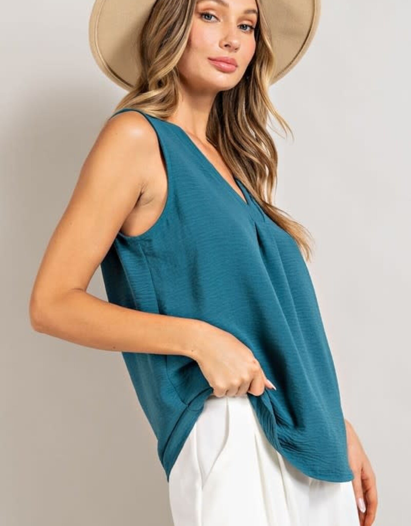 - Teal V-Neck Pleat Sleeveless Top