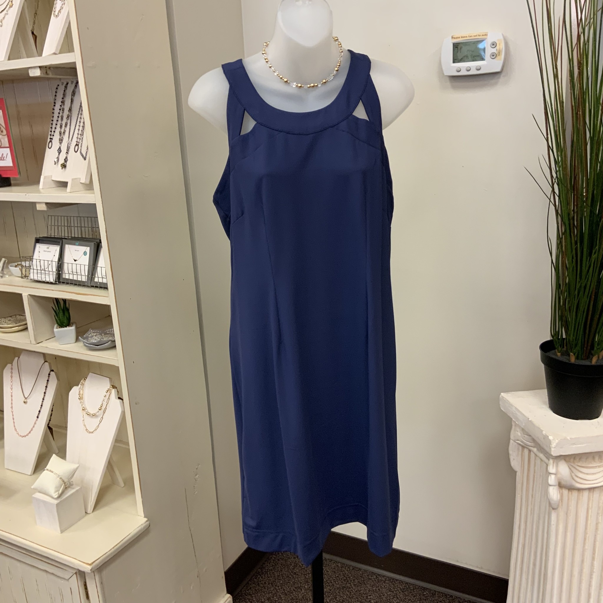 Navy Round Neck Sleeveless Dress w Open Strappy Back Evelie Blu Boutique