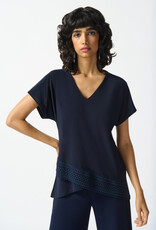 Joseph Ribkoff Midnight Blue V-Neck Short Sleeve Asymmetrical Lace Hemline Top