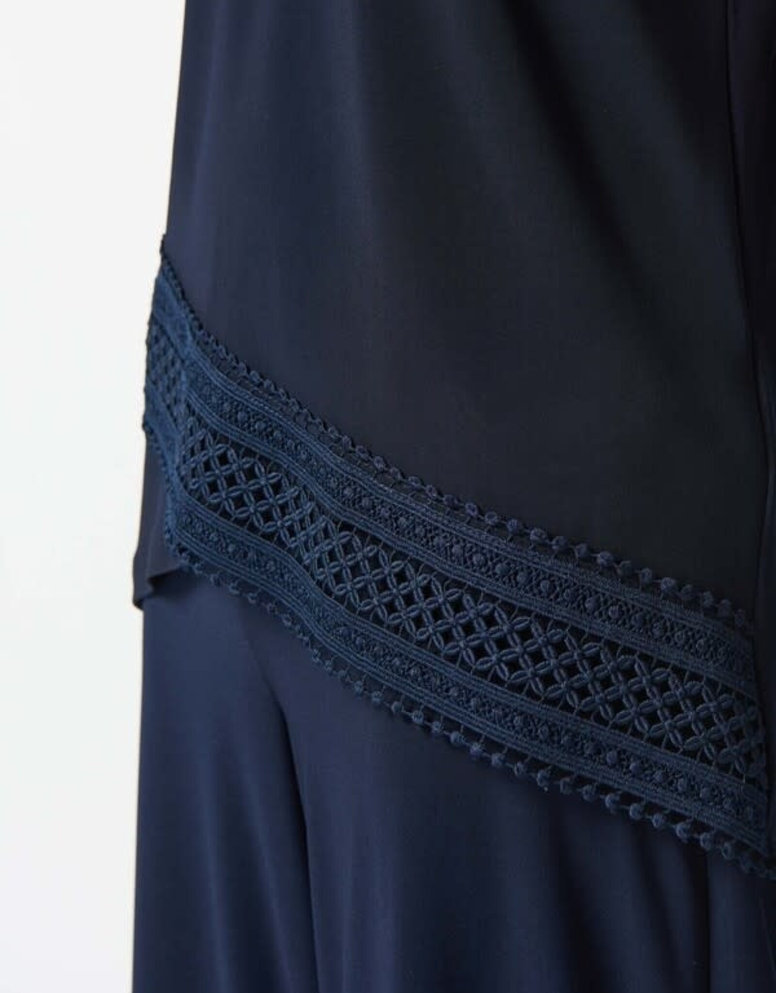 Joseph Ribkoff Midnight Blue V-Neck Short Sleeve Asymmetrical Lace Hemline Top