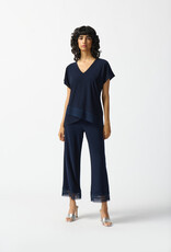 Joseph Ribkoff Midnight Blue V-Neck Short Sleeve Asymmetrical Lace Hemline Top