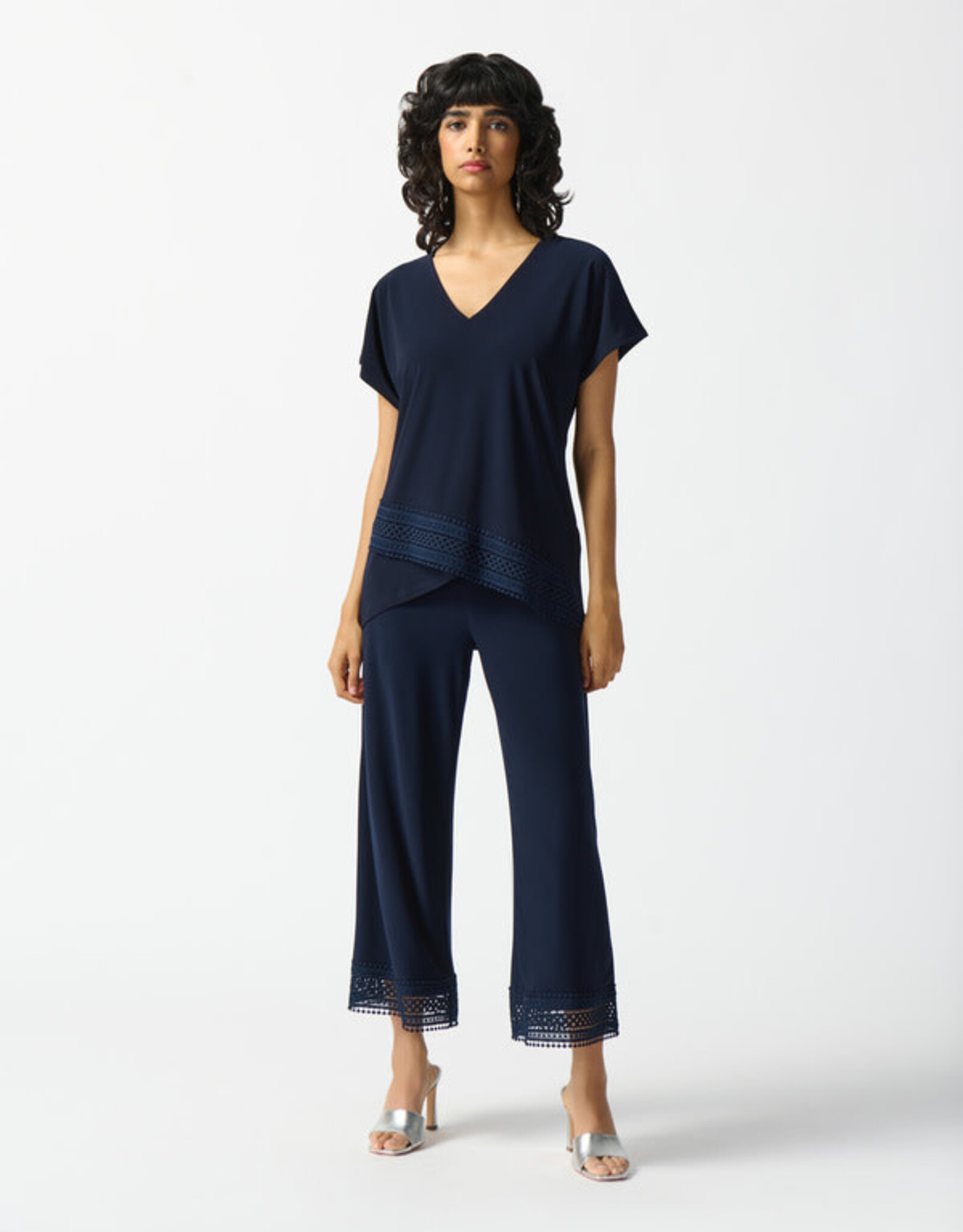 Joseph Ribkoff Midnight Blue V-Neck Short Sleeve Asymmetrical Lace Hemline Top