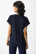 Joseph Ribkoff Midnight Blue V-Neck Short Sleeve Asymmetrical Lace Hemline Top