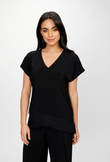 Joseph Ribkoff Black V-Neck Short Sleeve Asymmetrical Lace Hemline Top