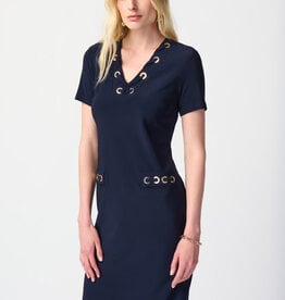 Joseph Ribkoff Midnight Blue Ring w/Tie Detail V-Neck Short Sleeve Knee Length Dress