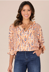 Democracy Orange/Purple Pattern Print Ruffle Button Key Hole Neck 3/4 Elastic Sleeve Top