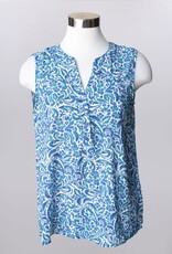 - Blue/Teal Swirl Print V-Neck w/Buttons Sleeveless Top