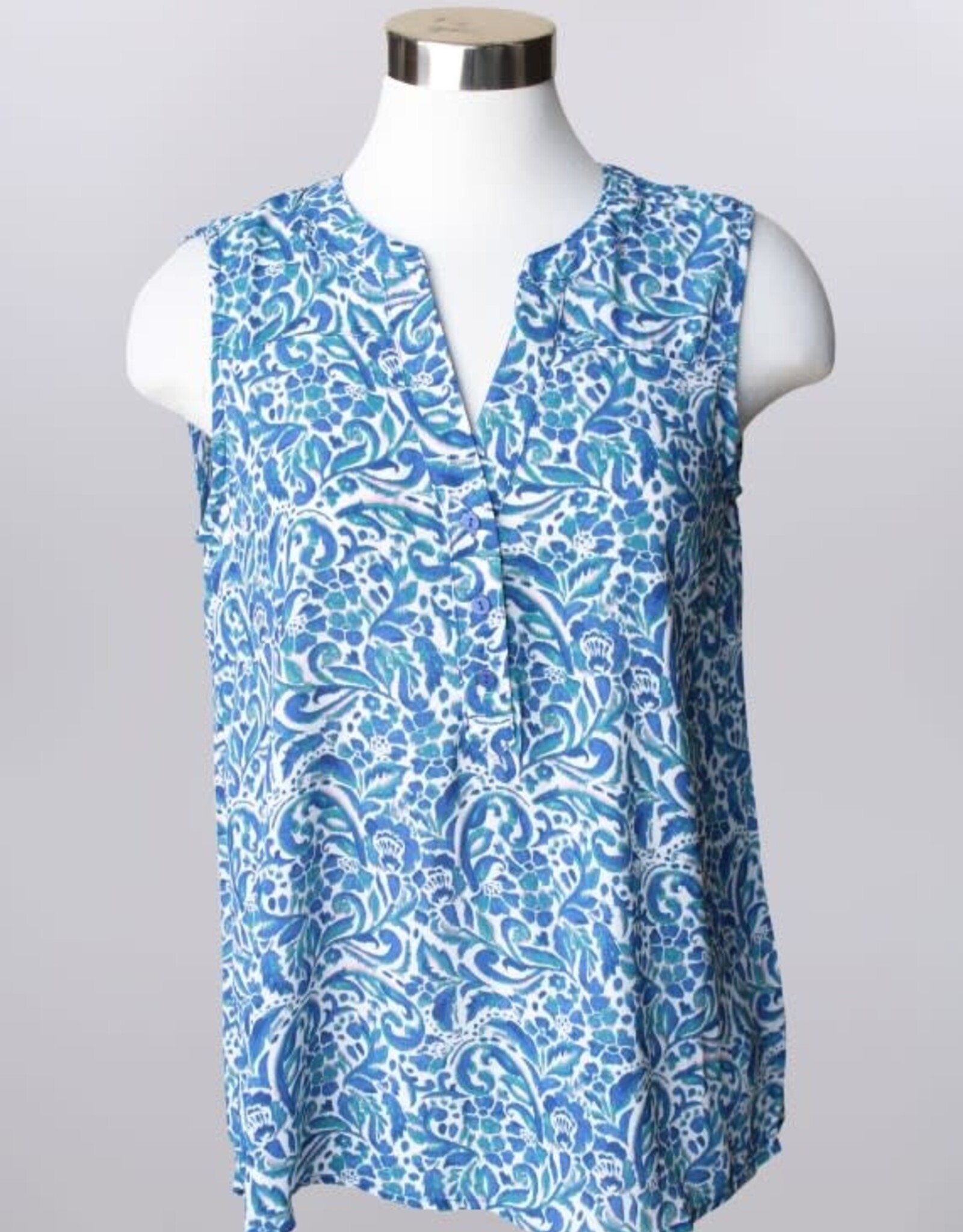 - Blue/Teal Swirl Print V-Neck w/Buttons Sleeveless Top