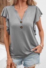 - Grey Notched Button Neck Short Ruffle Sleeve Top