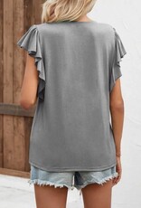 - Grey Notched Button Neck Short Ruffle Sleeve Top