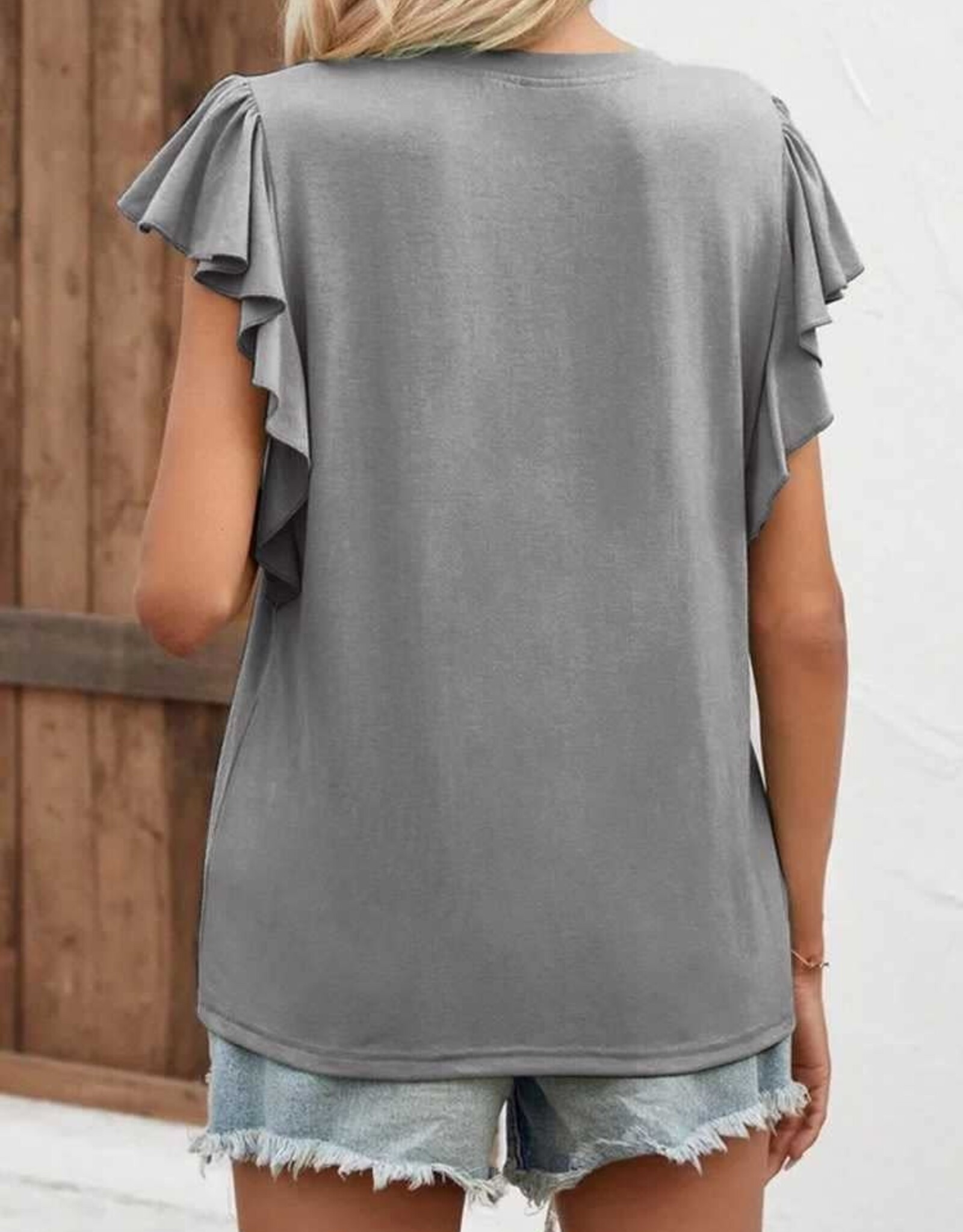 - Grey Notched Button Neck Short Ruffle Sleeve Top