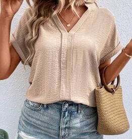 - Almond Textured Notched Neck Short Sleeve Top w/Front Detail