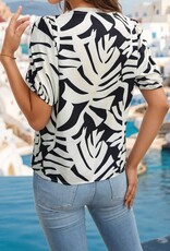 - Almond/Black Abstract Print V Neck Button Down Blouse